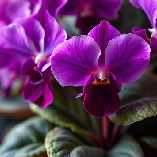 Close-up de uma Violeta Africana, com flores vibrantes em tons de roxo e rosa, e folhas aveludadas.