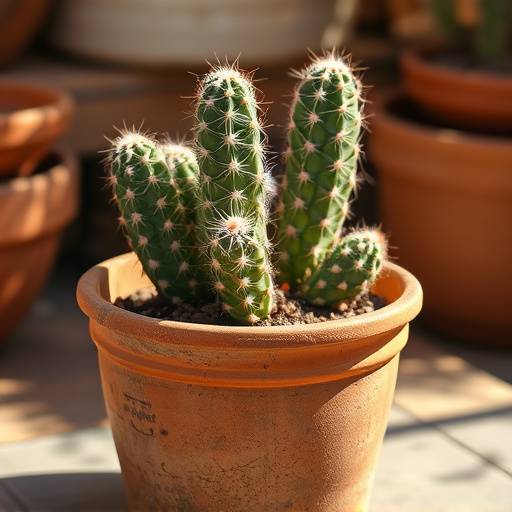 Foto de um Cacto Mandacaru em um vaso rüstico de barro.