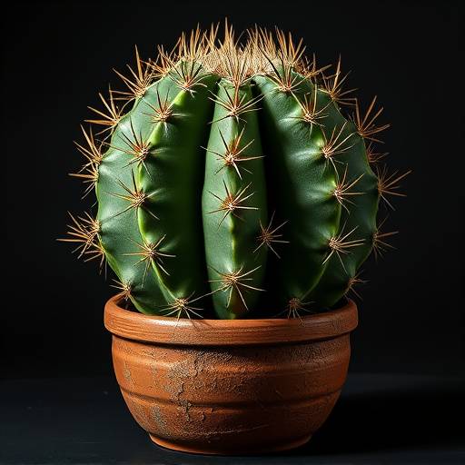 Fotografia de um Cacto Mandacaru imponente em um vaso rüstico de barro, destacando seus espinhos e forma escultural.