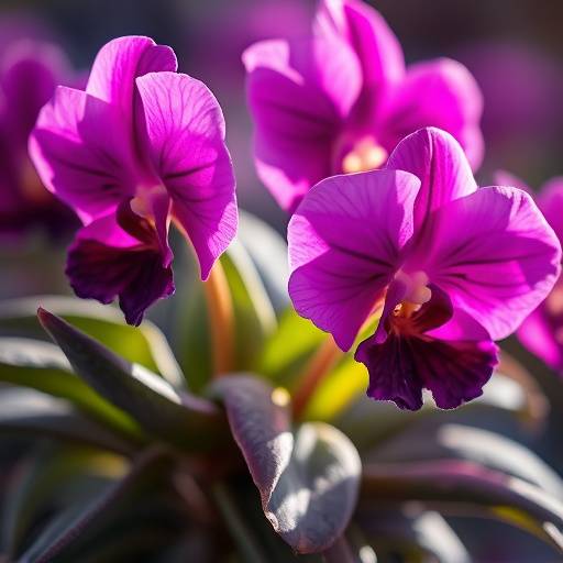 Fotografia de uma Violeta Africana com flores vibrantes em tons de roxo e rosa.