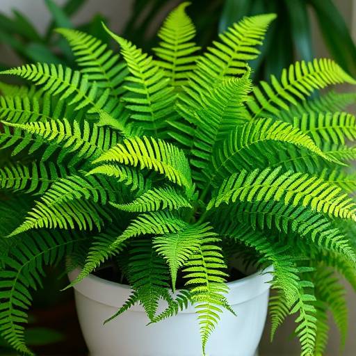 Imagem detalhada de uma Samambaia Americana exuberante, com folhagem verde vibrante e um vaso de cerâmica branca.